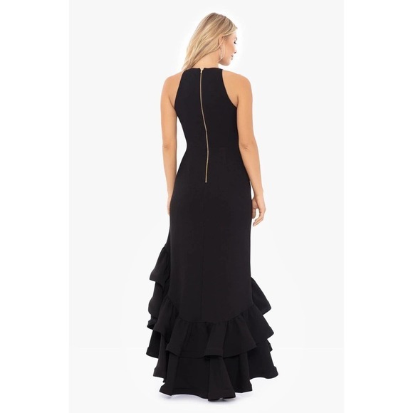 NWT Betsy & Adam Scuba Crepe Ruffle Slit Bottom Gown Womens Black Size 6P - Picture 2 of 7